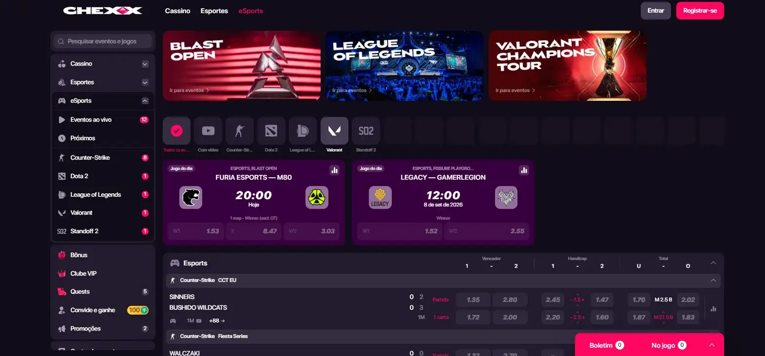 Interface oficial de sportsbook e eSports da CHEXX