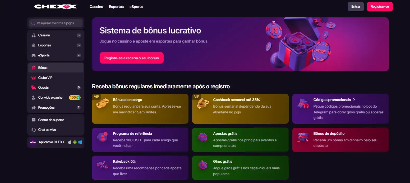 Área oficial de bónus ou promoções da CHEXX