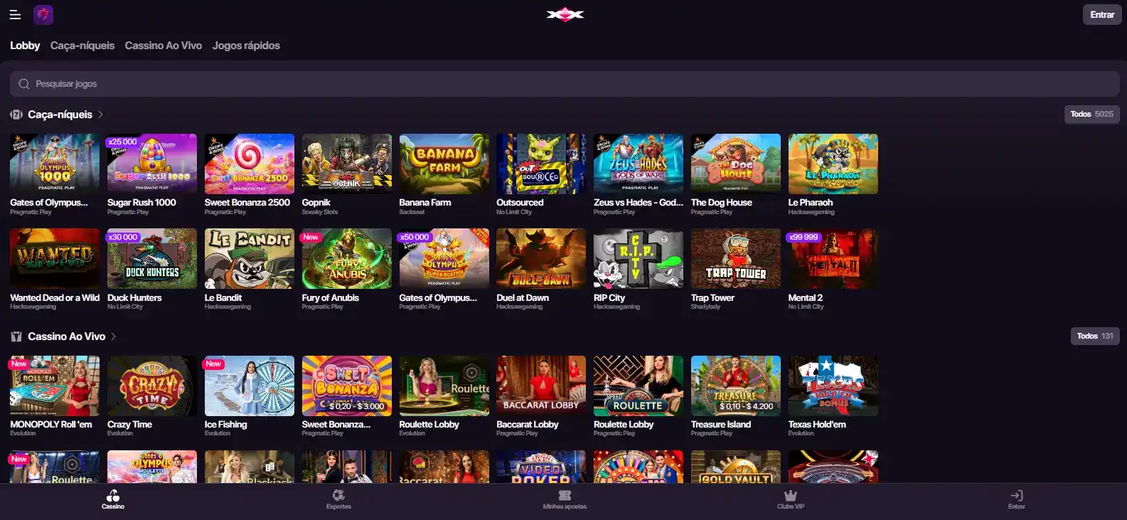Interface da página inicial da CHEXX, que apresenta o casino e as apostas desportivas