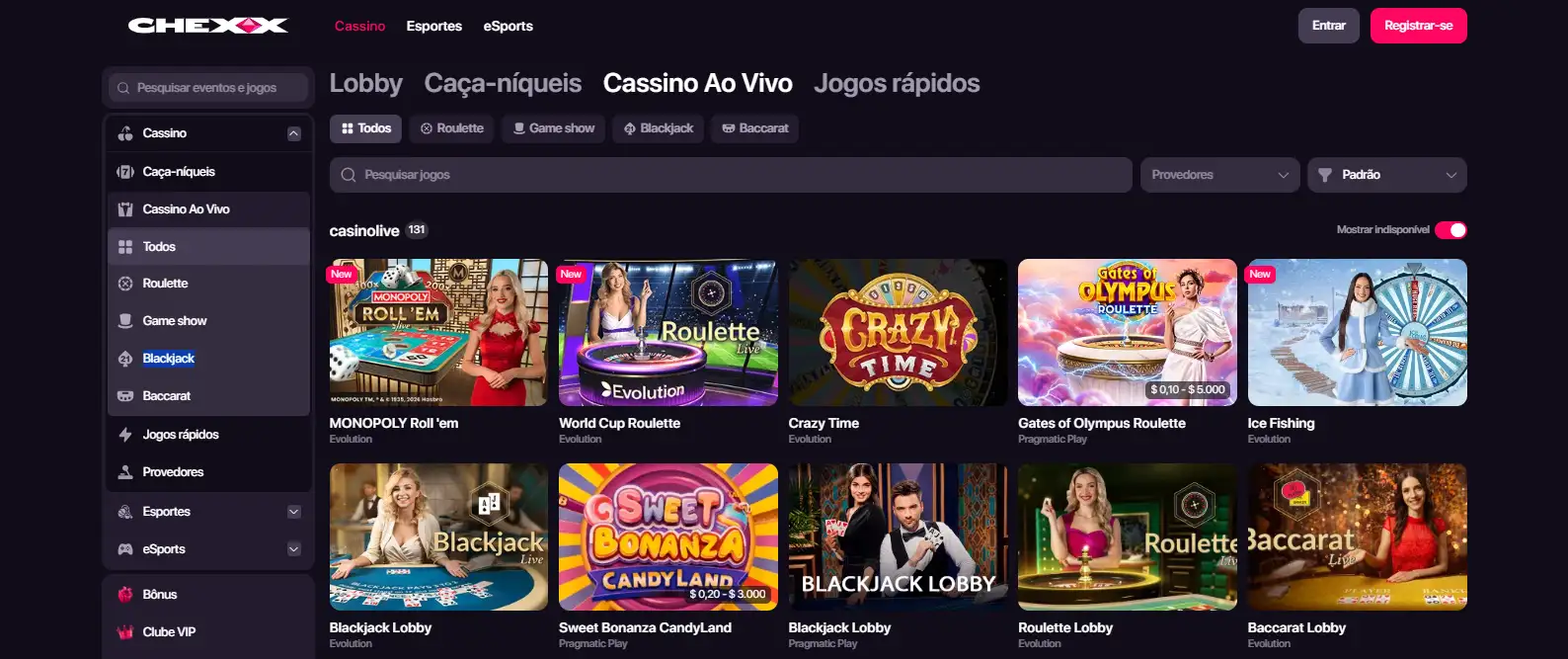 Secção Live Casino da CHEXX com categorias visíveis