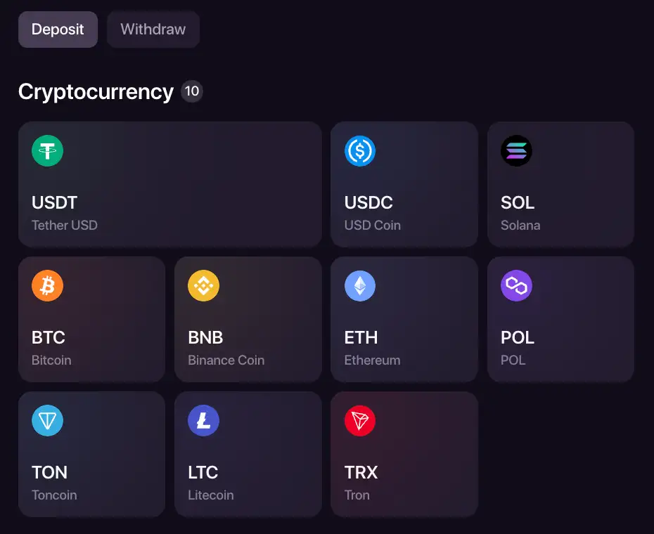 Cashier ou área de depósito CHEXX com criptomoedas suportadas