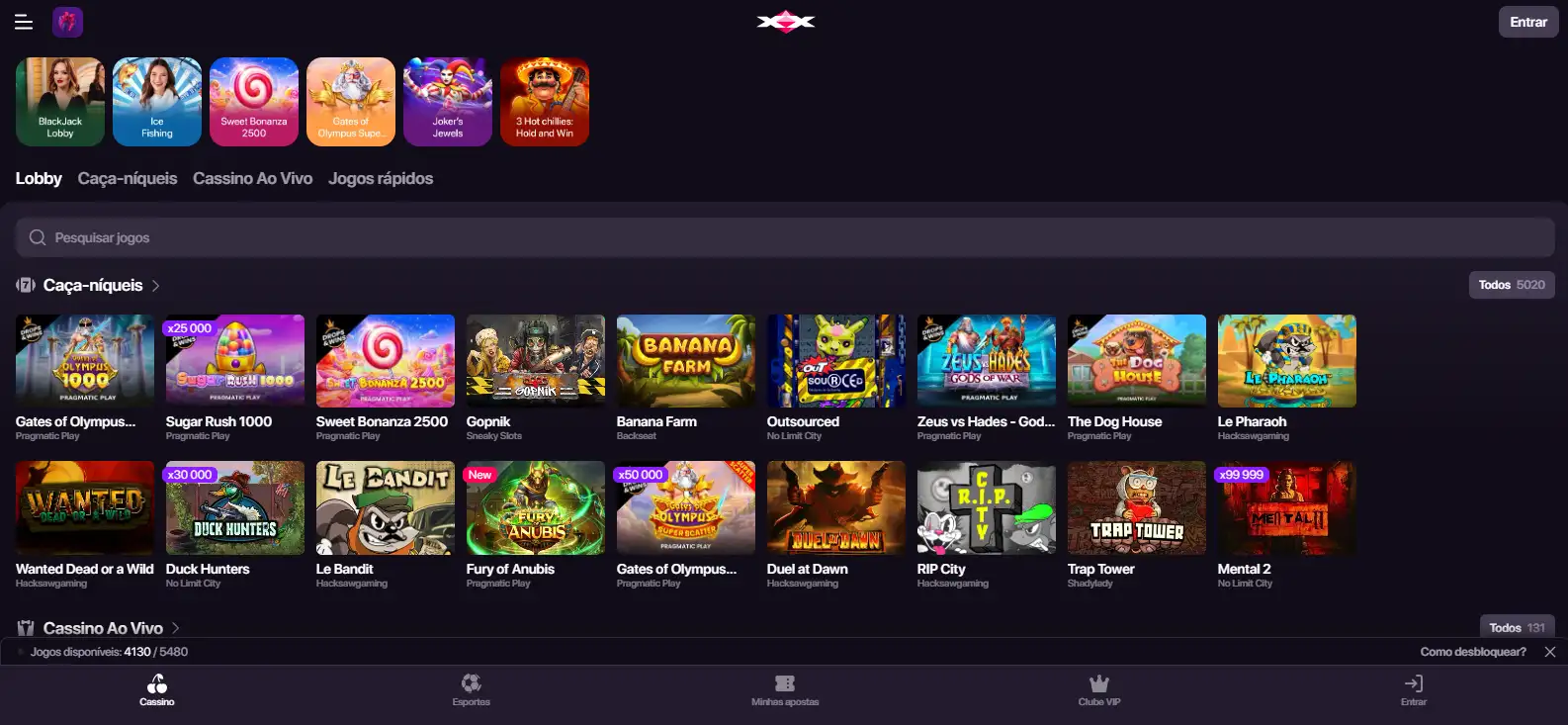 Área real do casino CHEXX com categorias e fornecedores