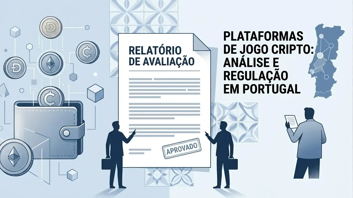 Ilustração editorial sobre criptomoedas, licença e avaliação de casino em Portugal